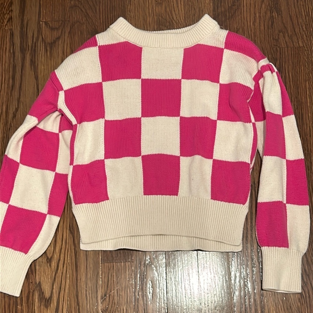 Gap Kids Girls Pink And White Checkered Sweater Size M